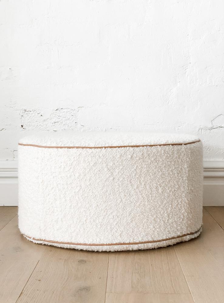 norsu interiors Ottomans 80cm diameter Kate's Custom norsu ottoman in Boucle Ivory with Blush Leather Piping 80cm dia / 30cm
