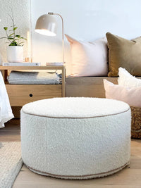 norsu interiors Ottomans 80cm diameter Kate's Custom norsu ottoman in Boucle Ivory with Blush Leather Piping 80cm dia / 30cm