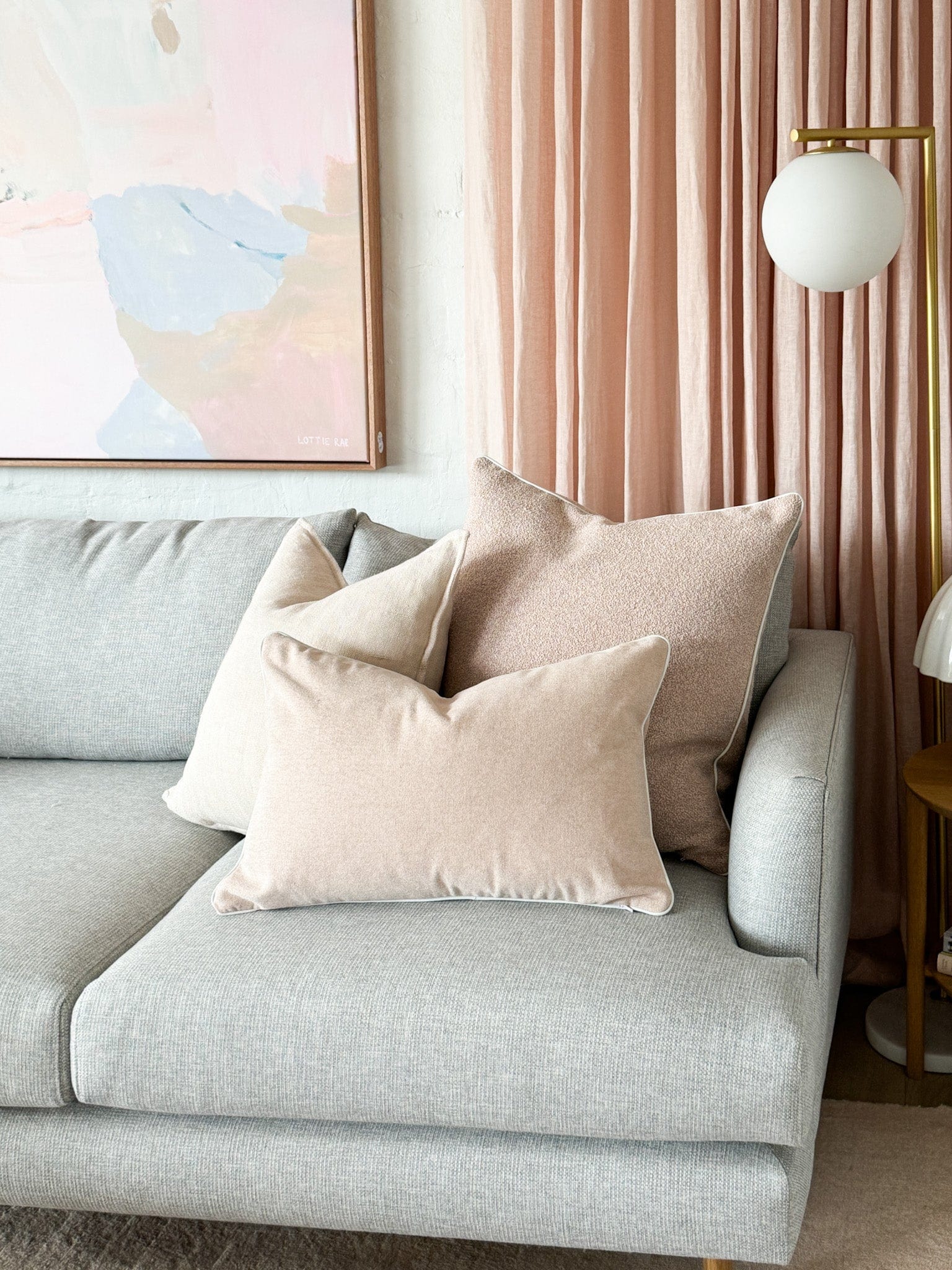 norsuHOME Cushion Blush Boucle with Blush Leather piping Various Si Norsu Interiors