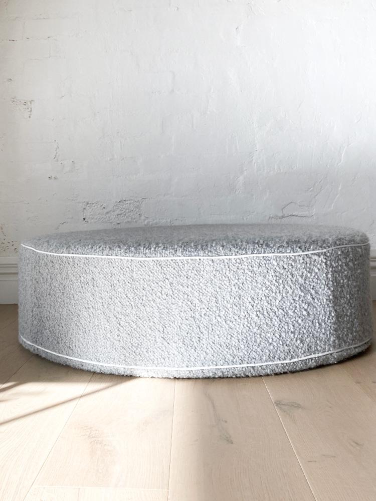 norsu interiors Ottomans norsu Ottoman, Bouclé Frost with Leather Piping (Various Sizes)